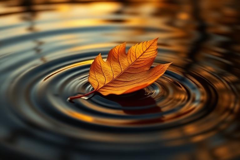 Herbstblatt auf ruhigem Wasser als Symbol für Loslassen
